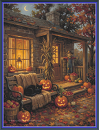 Moonlight at Harvest Cottage counted cross stitch pattern of a cosy autumn cottage porch with carved pumpkins and a black cat.