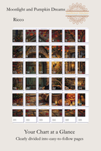 Moonlight and Pumpkin Dreams cross stitch pattern page map layout showing numbered chart section grid, Sunflower Stitches.