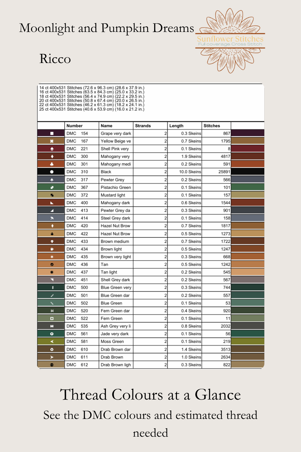 Moonlight and Pumpkin Dreams cross stitch DMC floss list preview showing thread colour codes and estimated usage, Sunflower Stitches.