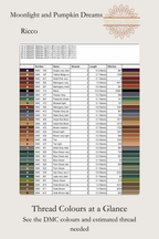 Moonlight and Pumpkin Dreams cross stitch DMC floss list preview showing thread colour codes and estimated usage, Sunflower Stitches.