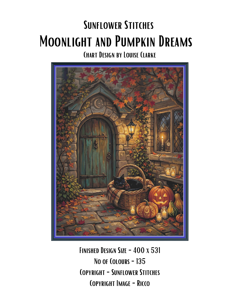 Moonlight and Pumpkin Dreams cross stitch pattern cover sheet preview showing design specifications and fabric size details, Sunflower Stitches.