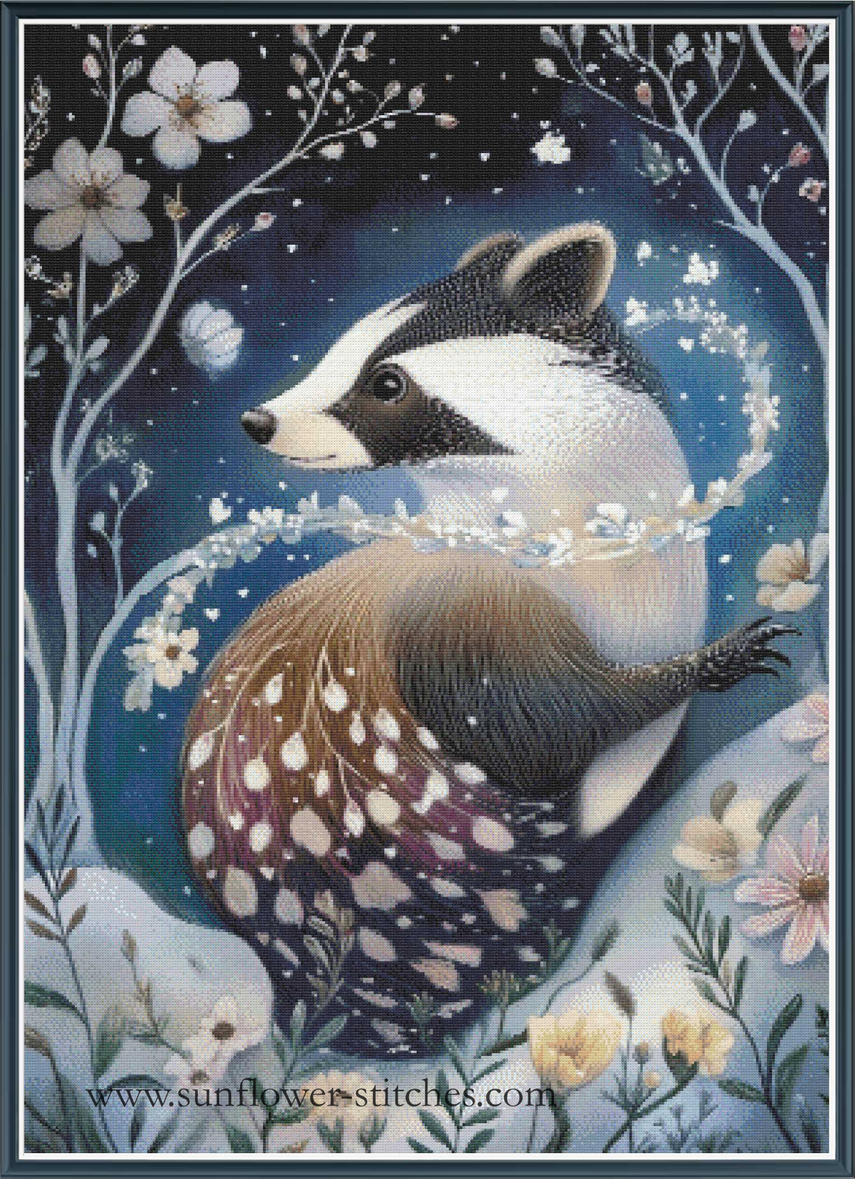 A needlepoint canvas design featuring a badger in a snowy winter forest, with white blossoms and a dark blue night sky background. 
