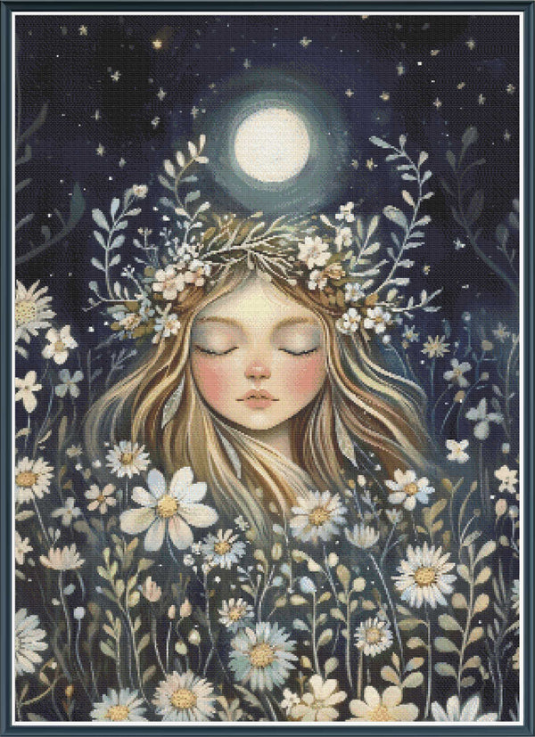 Stamped cross stitch mockup showing a licensed images of a  woman with flowers and a moonlit sky