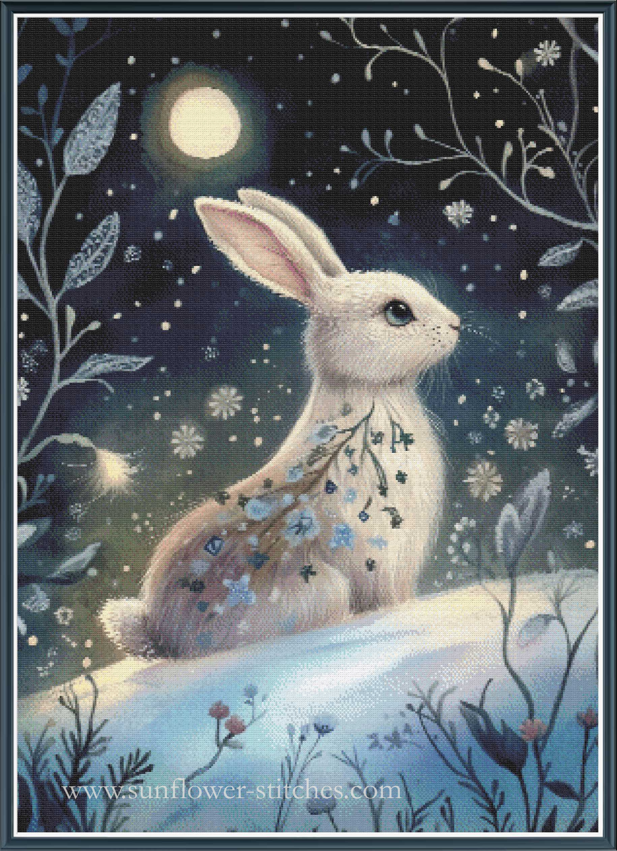 A whimsical winter night illustration of a white rabbit sitting in snow, with a glowing full moon, dark starry sky, and delicate blue and white flowers around it.