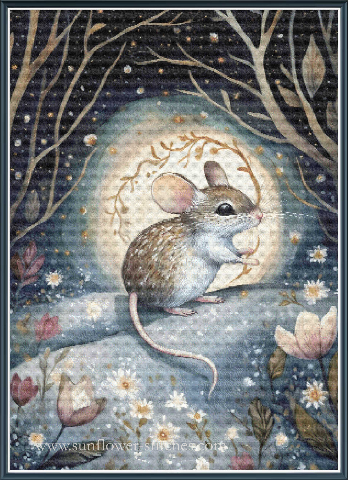 A whimsical illustrated scene of a small brown-and-white mouse standing on a snowy ledge in a winter forest, with a glowing full moon behind it, bare branches overhead, and small flowers around it. 