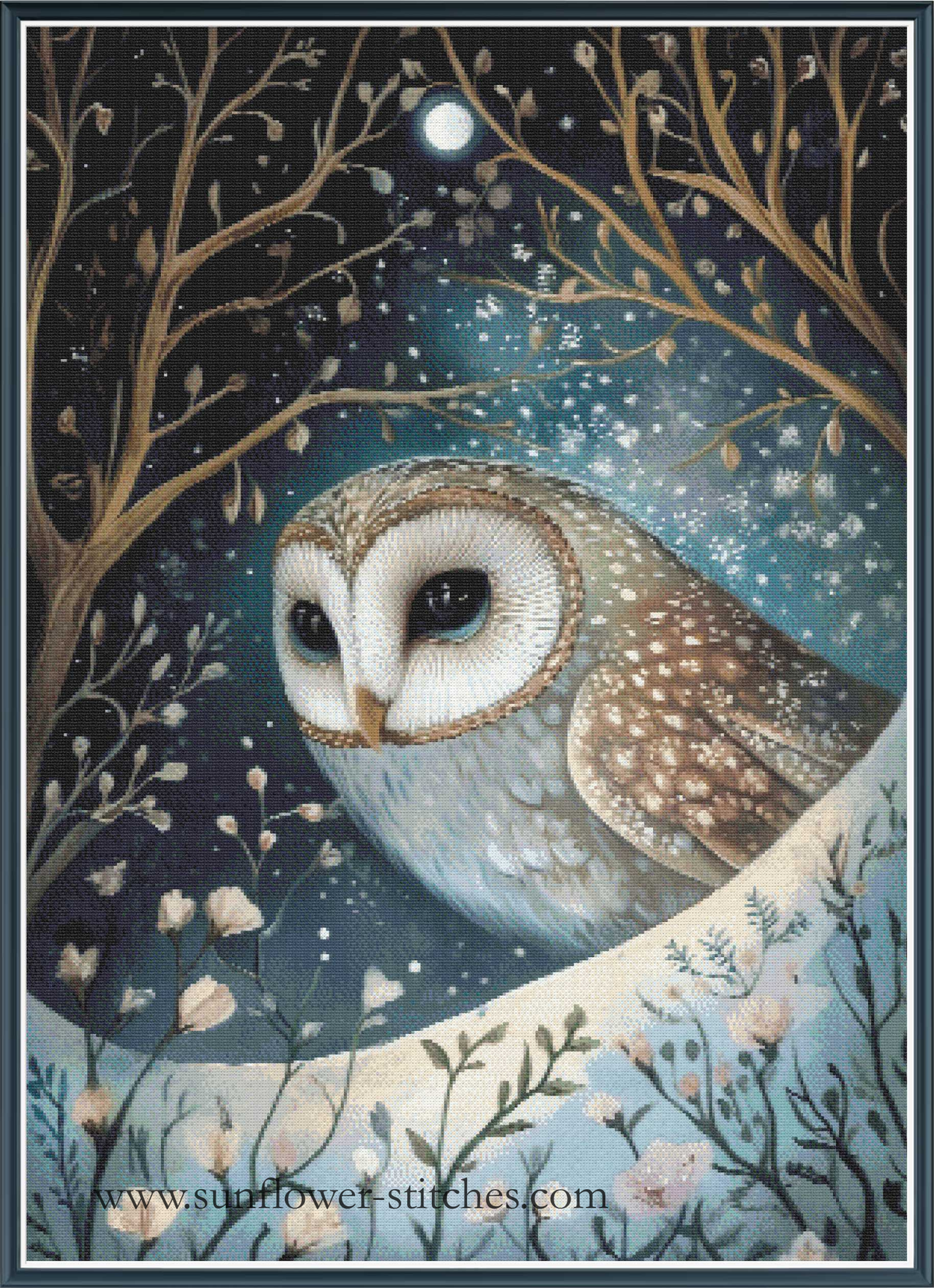 A winter night scene featuring a large owl with large dark eyes perched on a snowy branch, surrounded by bare trees, falling snow, and a bright full moon. The artwork has a dark blue background with white, gray, and brown tones.