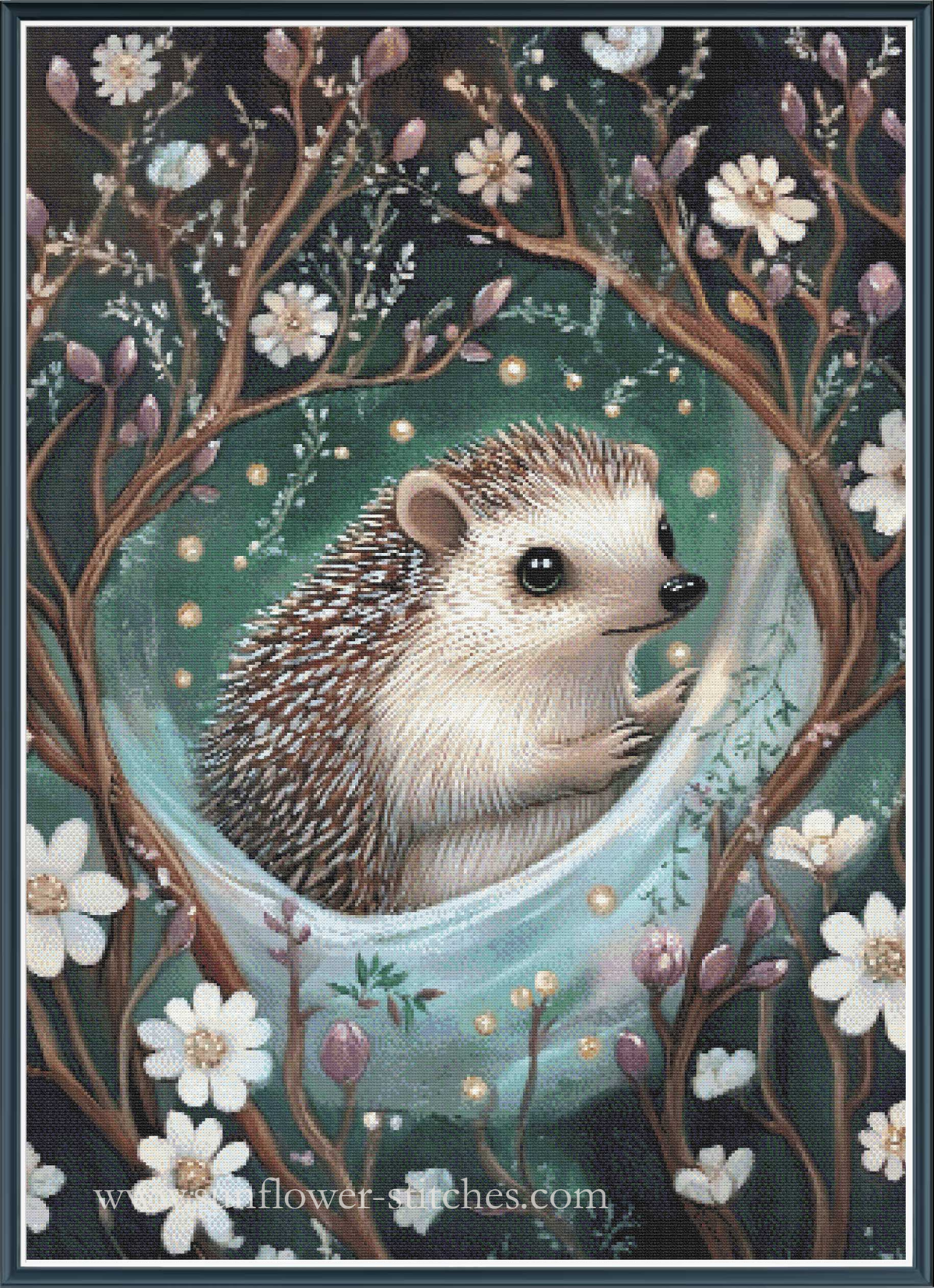 A whimsical illustration of a small hedgehog sitting inside a glowing teal bowl, framed by brown branches and white flowers against a dark teal background.