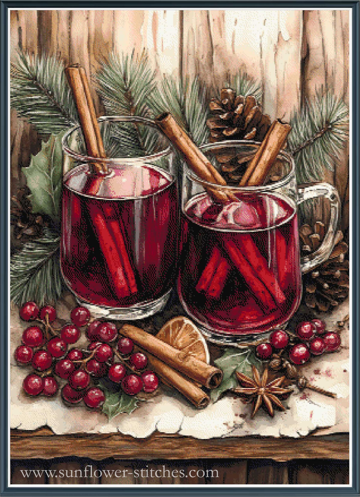 A festive cross stitch featuring two glass mugs filled with red mulled wine, cinnamon sticks, pine branches, pinecones, red berries, and a slice of orange on a rustic wooden background. 
