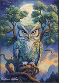 Colorful owl painting on a tree branch with a mountain and moon background