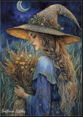 Woman in a witch hat holding a bundle of flowers against a night sky with a moon.