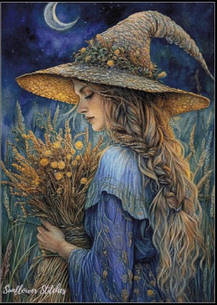 Woman in a witch hat holding a bundle of flowers against a night sky with a moon.