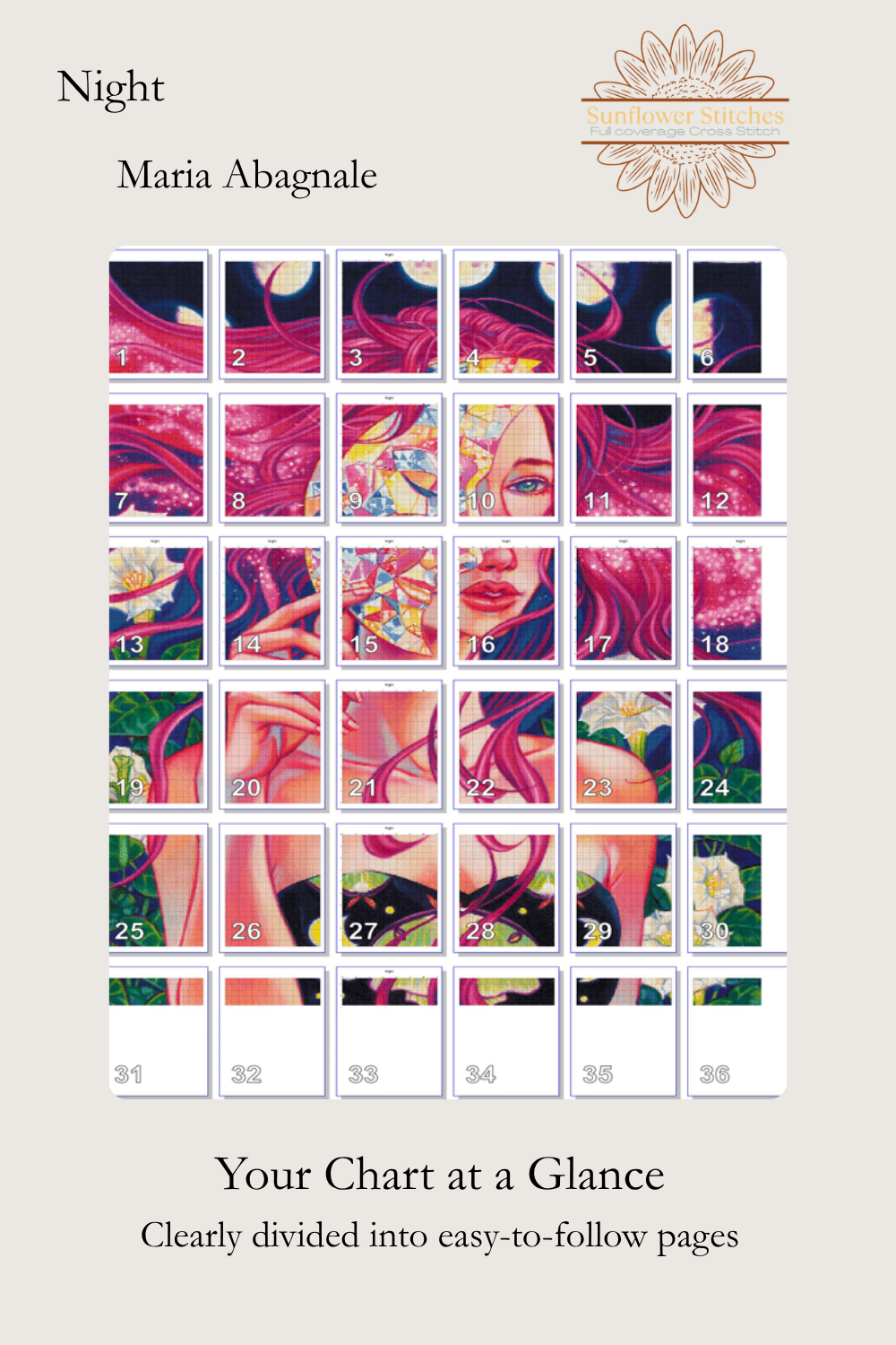 Printable PDF pattern page map layout for the Night cross-stitch project.