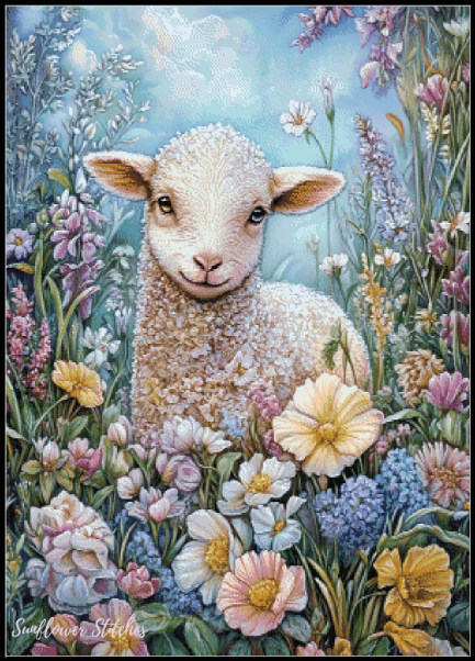 Painting of a lamb surrounded by flowers in a garden setting
