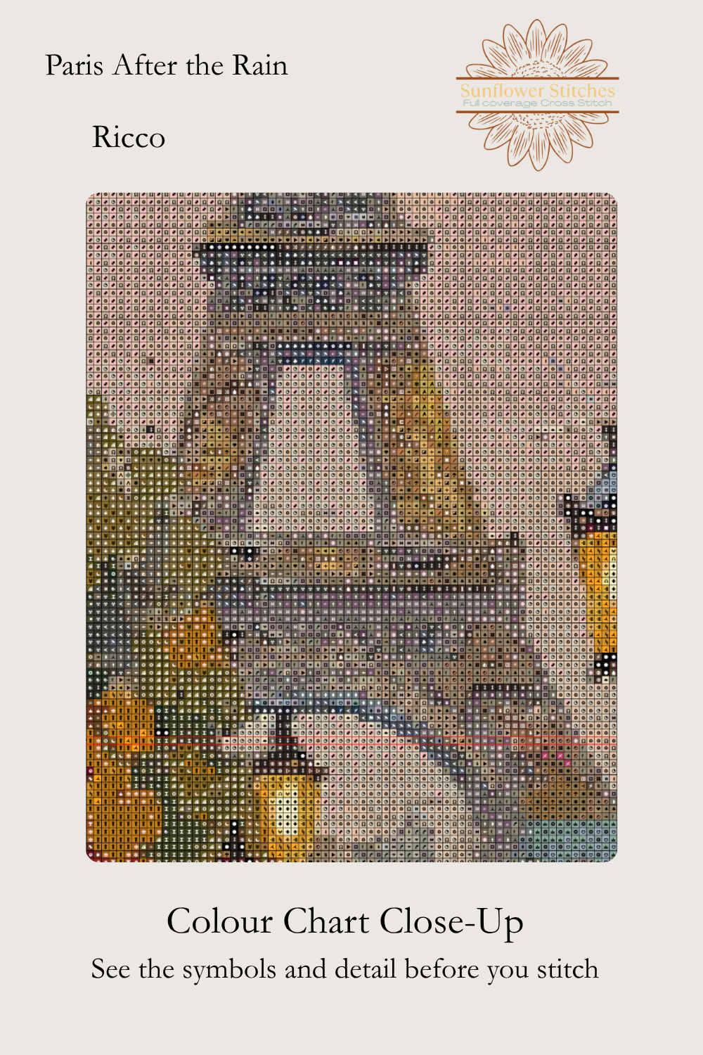 Close-up of the colour chart and symbols for the Paris After the Rain counted cross-stitch PDF pattern by Sunflower Stitches. Features a detail of the Eiffel Tower, autumn foliage, and a streetlamp from the original artwork by Ricco.