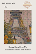 Close-up of the colour chart and symbols for the Paris After the Rain counted cross-stitch PDF pattern by Sunflower Stitches. Features a detail of the Eiffel Tower, autumn foliage, and a streetlamp from the original artwork by Ricco.