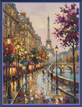 Paris After the Rain full-coverage counted cross-stitch pattern mockup by Sunflower Stitches. Features a Parisian street scene at dusk with rain-wet pavements, glowing street lamps, and the Eiffel Tower. Original artwork by Ricco.