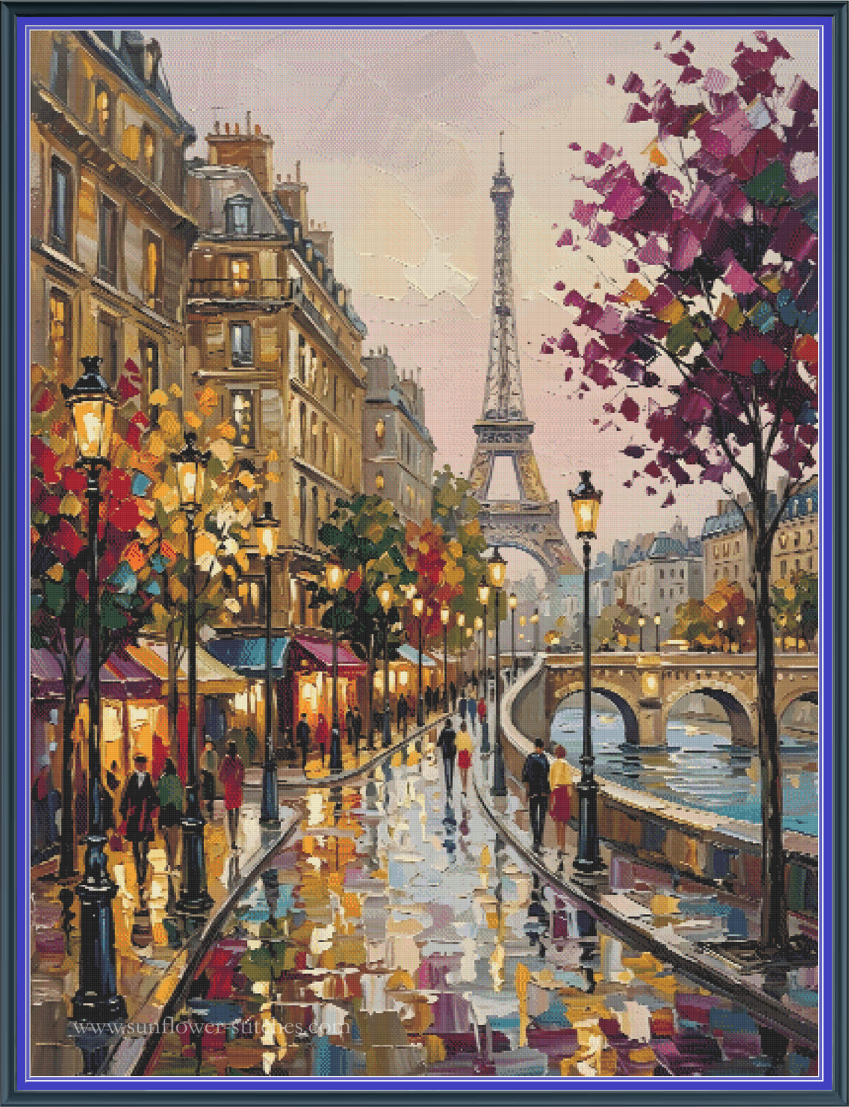 Paris After the Rain full coverage cross stitch pattern mockup featuring a Parisian street at dusk, the Eiffel Tower, and glowing street lamps