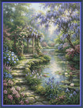 A framed garden scene painting with a stone path leading to a wooden gazebo beside a pond, surrounded by blooming flowers, wisteria, and trees in soft green, purple, pink, and blue tones.