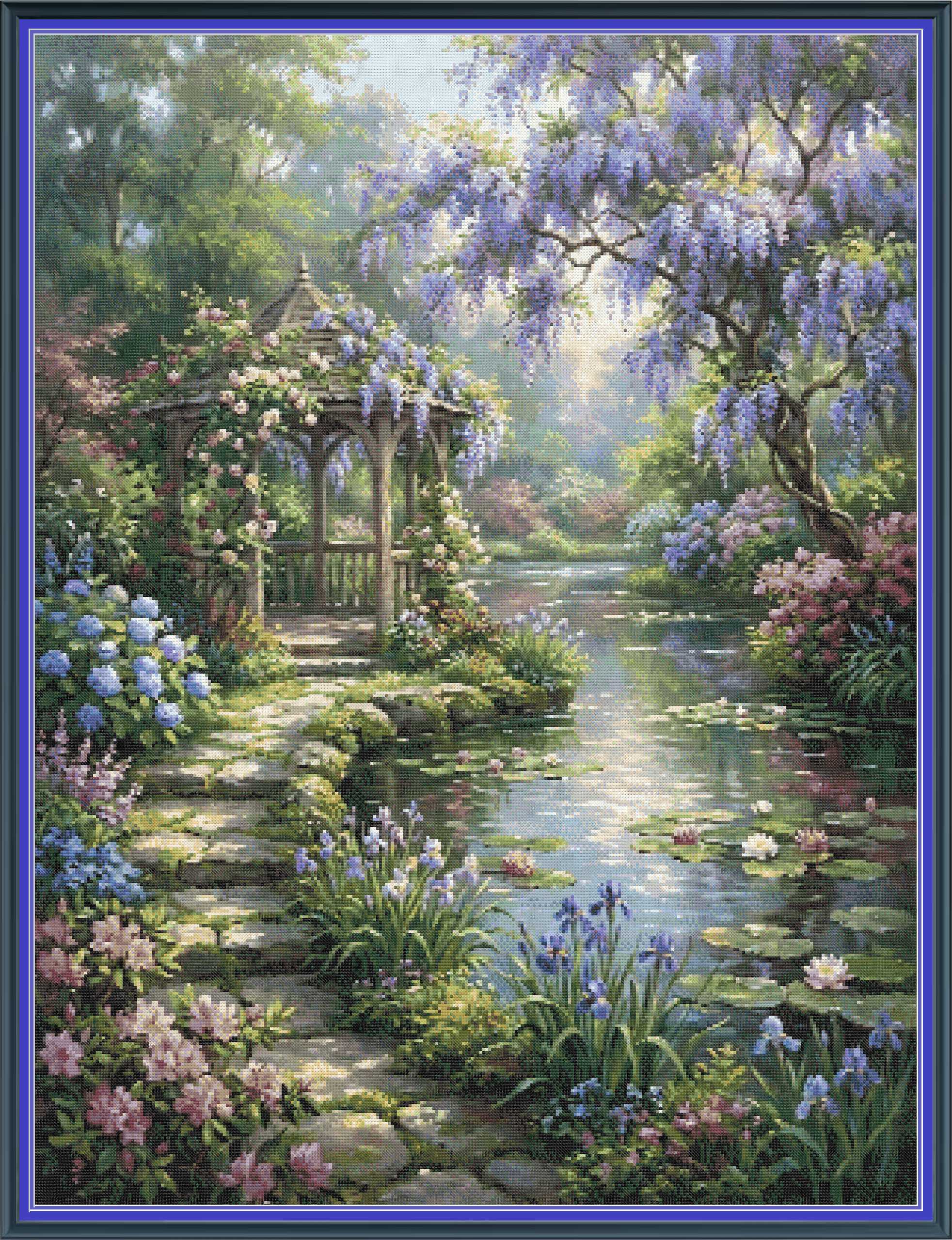 A framed garden scene painting with a stone path leading to a wooden gazebo beside a pond, surrounded by blooming flowers, wisteria, and trees in soft green, purple, pink, and blue tones.