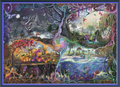A highly detailed, colorful fantasy art print featuring a whimsical Halloween-themed landscape with pumpkins, a wolf, a snake, and swirling magical elements, framed by an ornate purple border.
