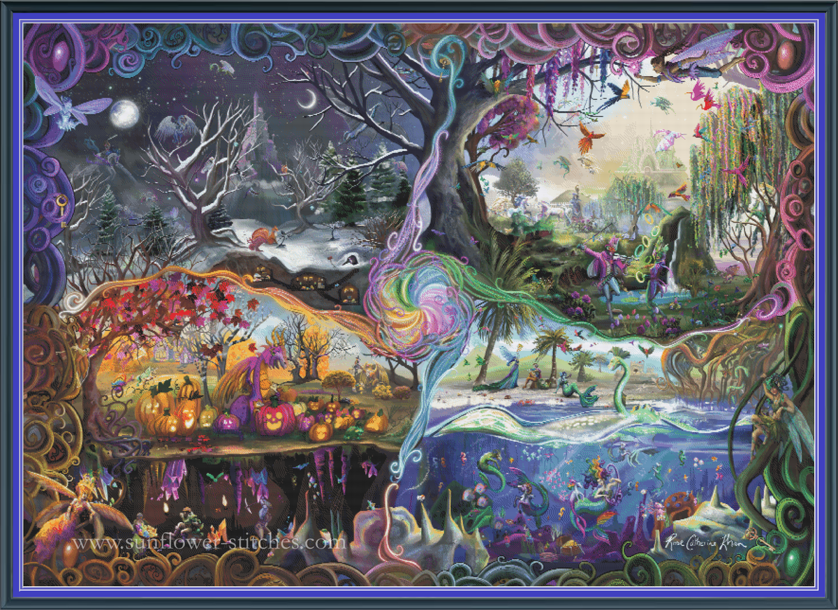 A highly detailed, colorful fantasy art print featuring a whimsical Halloween-themed landscape with pumpkins, a wolf, a snake, and swirling magical elements, framed by an ornate purple border.