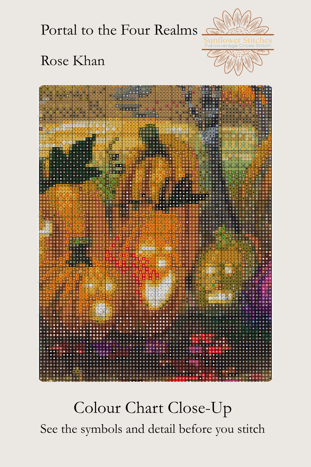 A close-up color chart and symbol reference for a cross-stitch pattern titled 'Portal to the Four Realms' by Rose Khan. The central panel shows a pixelated stitched design of jack-o'-lantern pumpkins in warm orange, yellow, brown, black, and purple tones, with text above and below explaining that this is a color chart close-up and to see the symbols and detail before stitching.