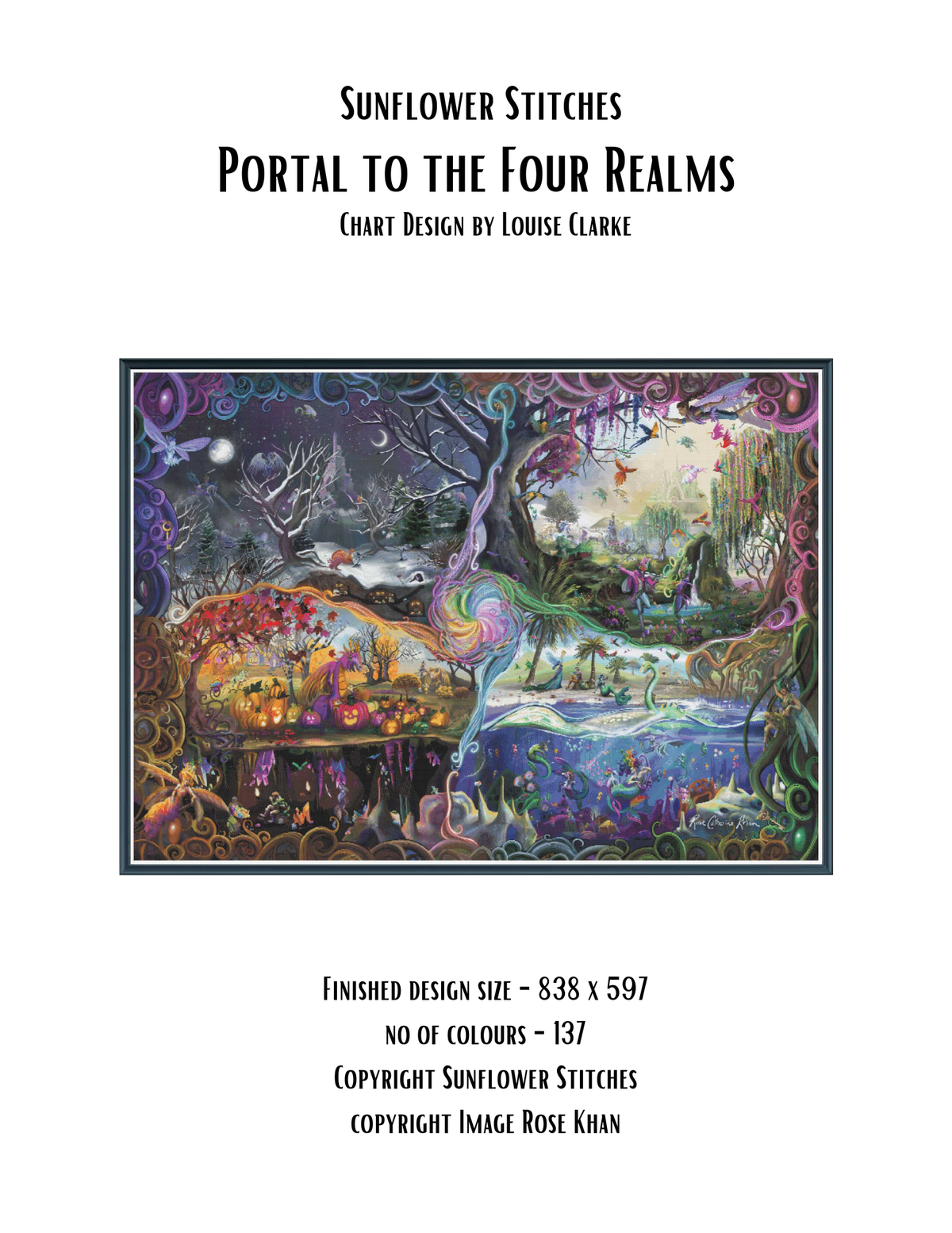 A product cover for 'Sunflower Stitches Portal to the Four Realms' chart design by Louise Clarke, featuring a colorful fantasy illustration of a tree and forest scene in the center on a white background with black text.