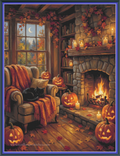 A cross stitch mock-up featuring a cozy autumn living room scene with a stone fireplace, glowing fire, carved pumpkins, candles, an armchair with a black cat, and fall leaves scattered on the floor. 