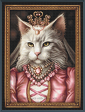 A framed portrait cross stitch of a white cat dressed as a queen, wearing a pink gown, pearl necklace, and gold crown, set against a dark background with an ornate gold frame.