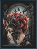 A gothic fantasy cross stitch of a woman in profile with bright red hair, wearing a black bat-themed headdress and bat wings, set against a dark stone archway background with hanging bats. 