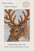 Raindeer Training cross stitch colour chart symbol preview showing counted stitched grid detail of a reindeer's head with antlers, Sunflower Stitches.