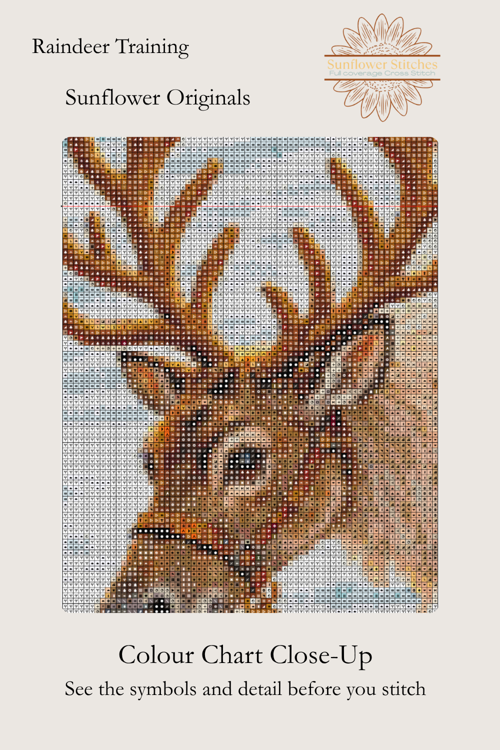Raindeer Training cross stitch colour chart symbol preview showing counted stitched grid detail of a reindeer's head with antlers, Sunflower Stitches.