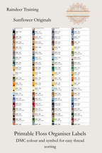 Raindeer Training cross stitch printable floss organiser labels preview showing DMC colour numbers and symbols for thread sorting, Sunflower Stitches.