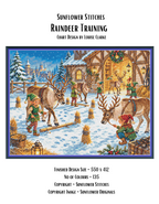 Raindeer Training cross stitch pattern cover sheet preview showing design specifications and finished size details, Sunflower Stitches.