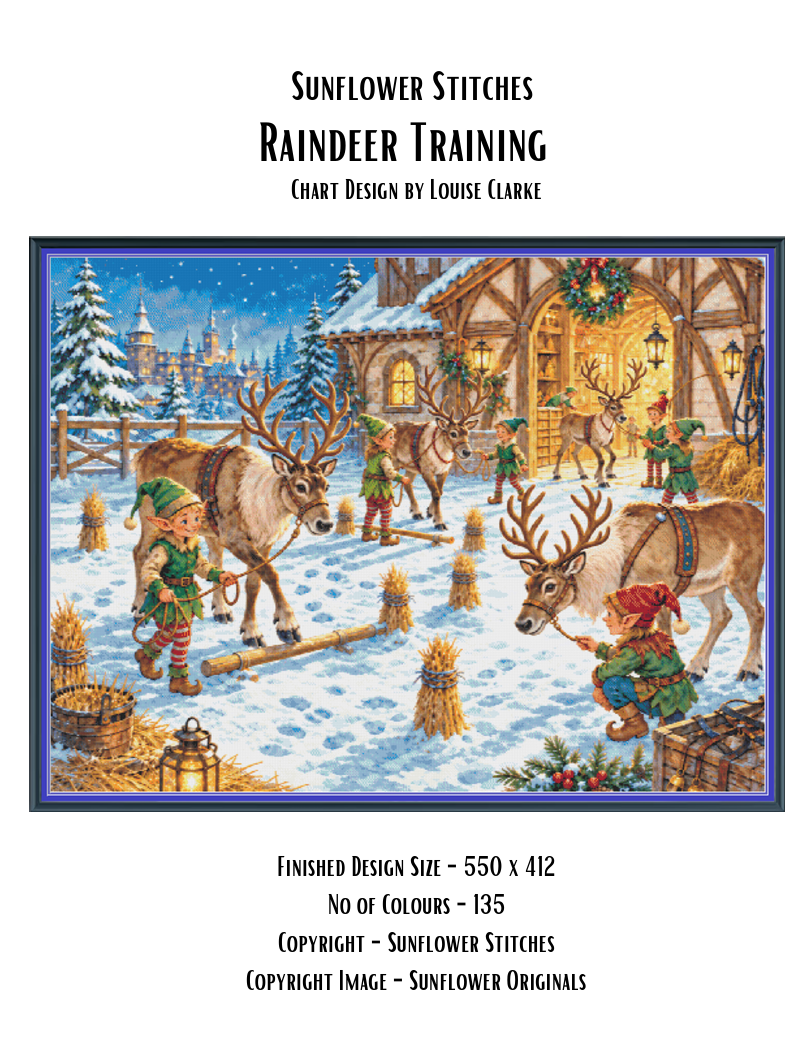 Raindeer Training cross stitch pattern cover sheet preview showing design specifications and finished size details, Sunflower Stitches.