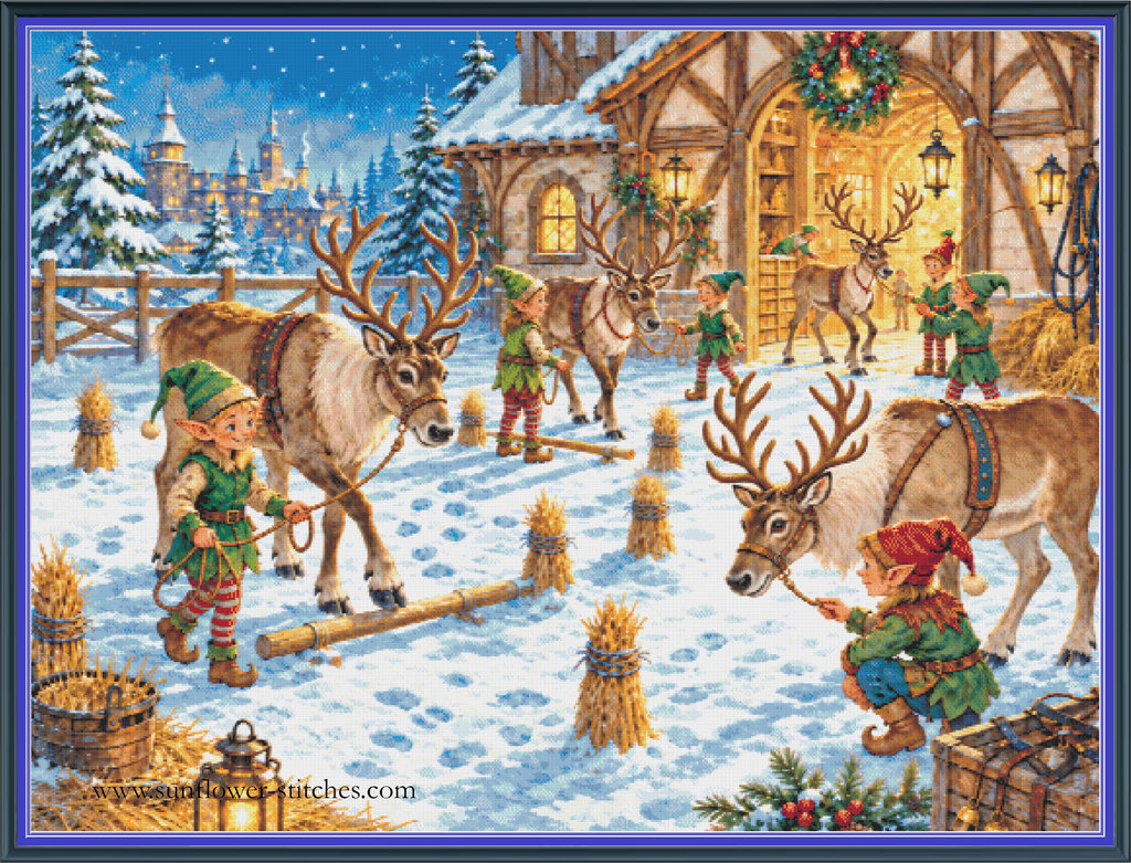 Raindeer Training cross stitch pattern mockup featuring elves training reindeer in a snowy courtyard outside a lantern-lit stable, artwork by Sunflower Originals.
