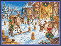 Raindeer Training cross stitch pattern mockup featuring elves training reindeer in a snowy courtyard outside a lantern-lit stable, artwork by Sunflower Originals.