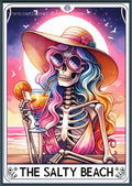 A stylized illustrated tarot card cross stitch titled "THE SALTY BEACH" showing a colorful skeleton woman in a straw hat and sunglasses holding a cocktail, with a sunset sky, ocean, and birds in the background.