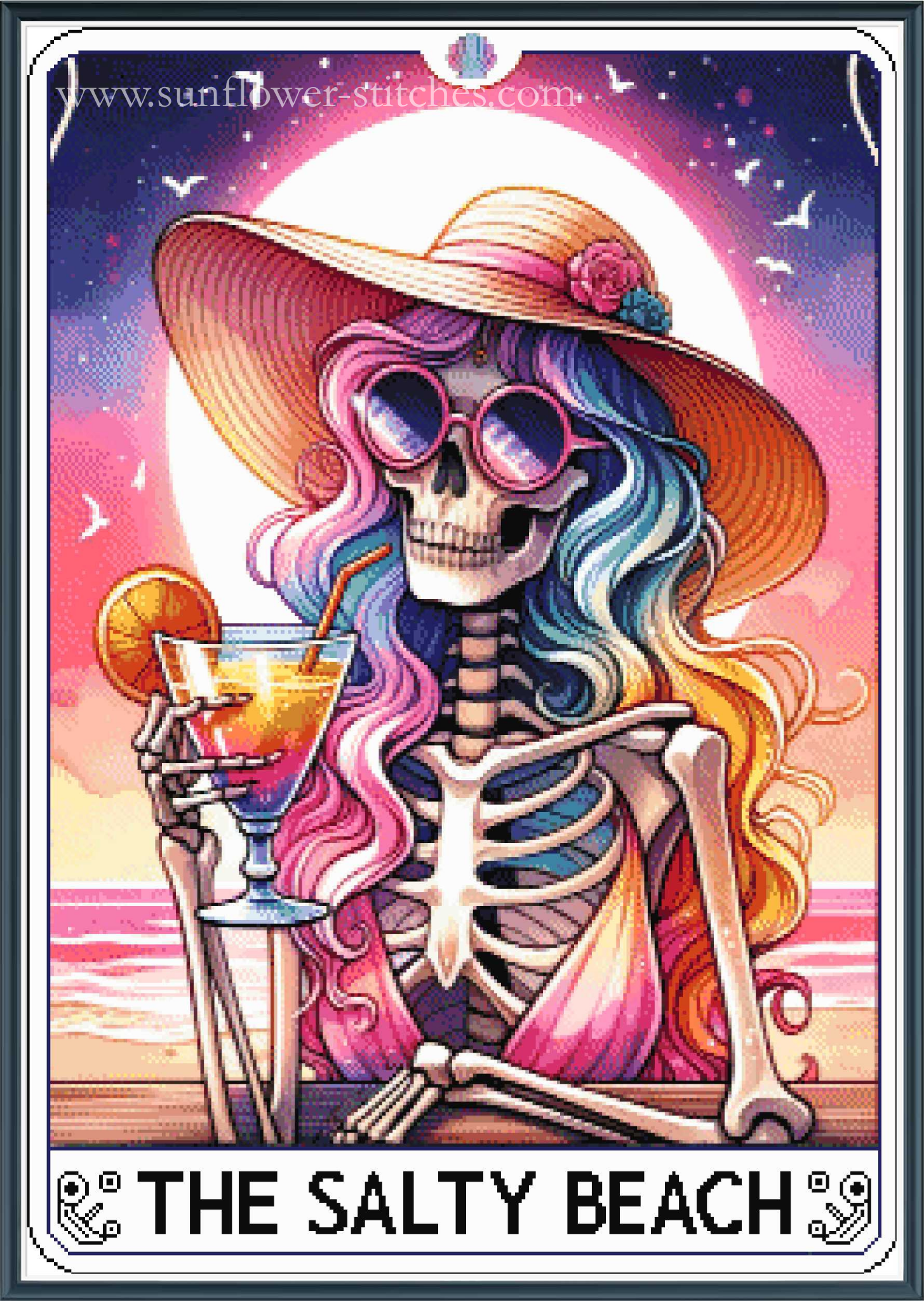 A stylized illustrated tarot card cross stitch titled "THE SALTY BEACH" showing a colorful skeleton woman in a straw hat and sunglasses holding a cocktail, with a sunset sky, ocean, and birds in the background.