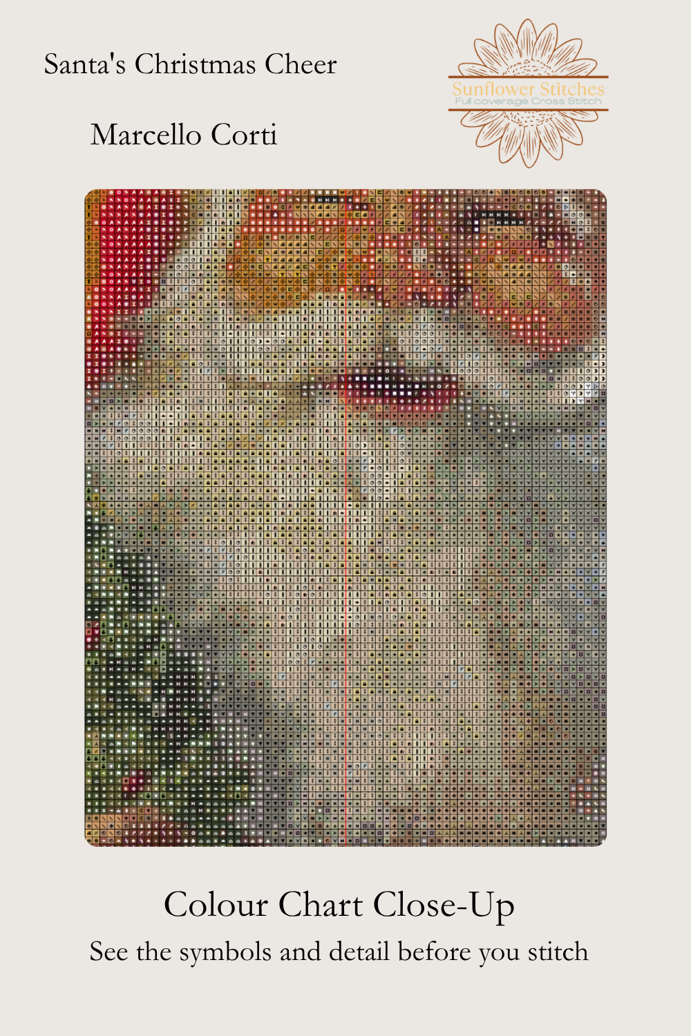 Santa's Christmas Cheer cross stitch colour chart close-up by Sunflower Stitches showing a detailed preview of Santa's face and beard with chart symbols.
