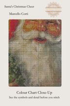 Santa's Christmas Cheer cross stitch colour chart close-up by Sunflower Stitches showing a detailed preview of Santa's face and beard with chart symbols.