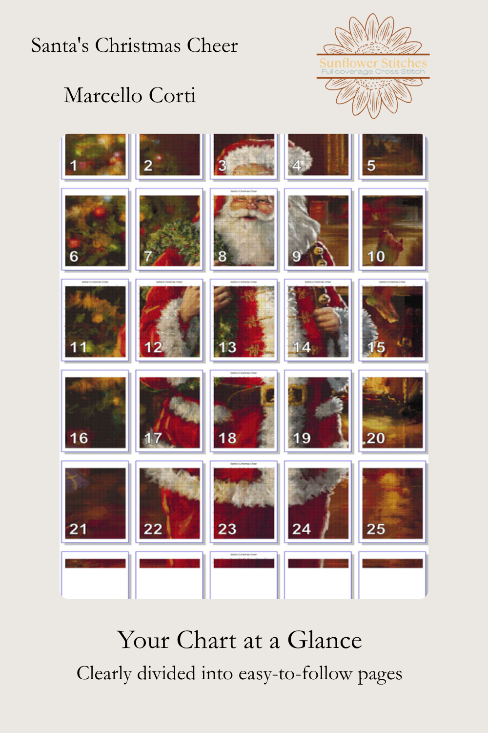 Santa's Christmas Cheer 2-page map graphic by Sunflower Stitches illustrating the multi-page layout and grid organisation for the PDF chart.