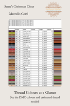 Santa's Christmas Cheer DMC thread colour reference chart by Sunflower Stitches showing thread swatches, numbers, names, strand counts, lengths, and stitch requirements.