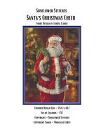 Chart cover for Sunflower Stitches 'Santa's Christmas Cheer' cross stitch pattern by Louise Clarke, featuring a central illustration of Santa Claus holding a wreath in front of a decorated Christmas tree and fireplace, with text detailing finished design size and copyright information.