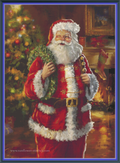 Santa's Christmas Cheer cross stitch pattern cover image by Sunflower Stitches depicting Father Christmas holding a wreath beside a decorated Christmas tree and fireplace.