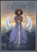 Mock up of a stamped cross stitch kit showing licensed artwork of a Woman holding a sword with two white birds and a crescent moon in the background