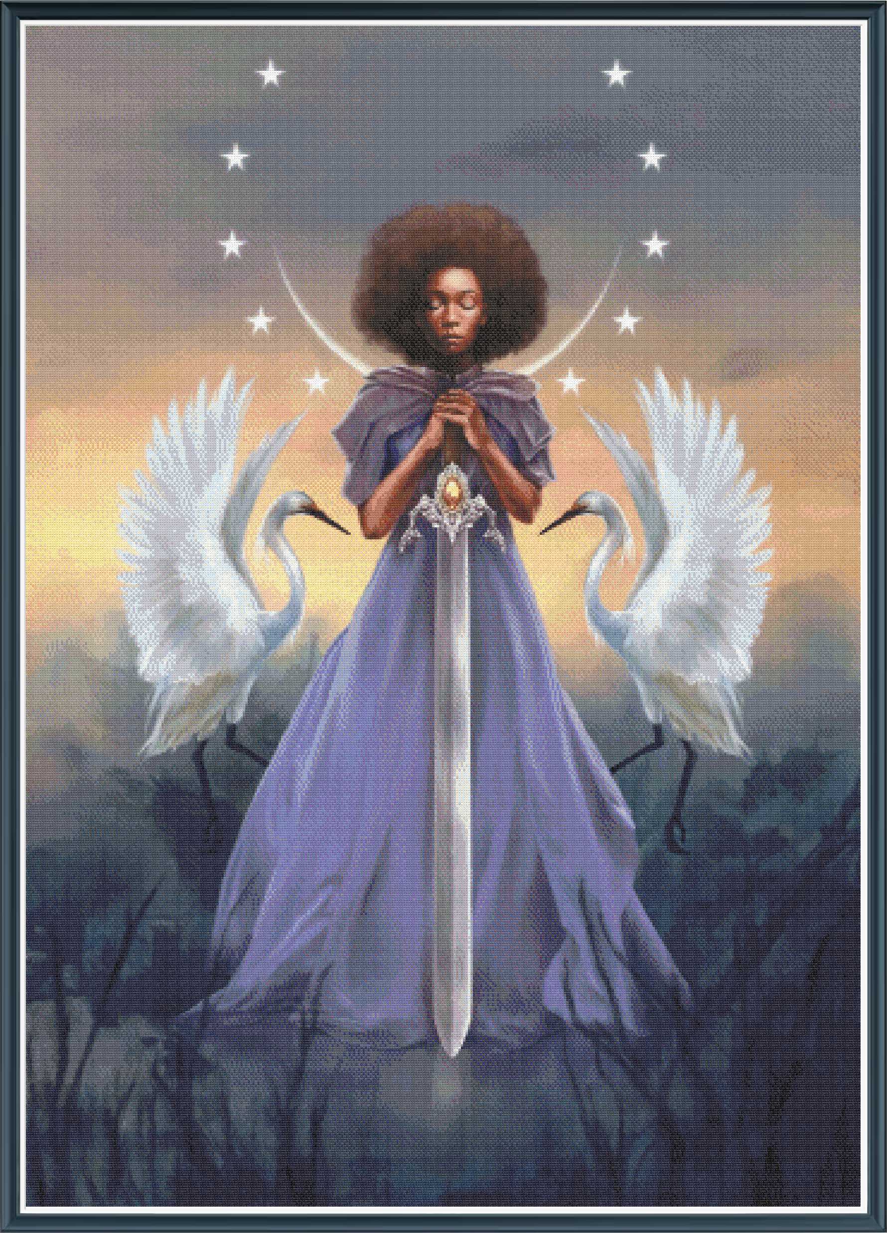Mock up of a stamped cross stitch kit showing licensed artwork of a Woman holding a sword with two white birds and a crescent moon in the background