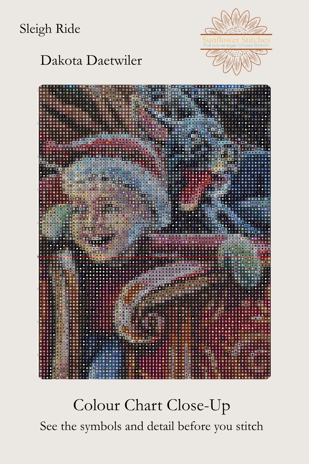 Sleigh Ride cross stitch colour chart symbol preview showing counted stitched grid detail of a smiling child in Santa's sleigh, Sunflower Stitches.