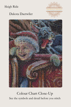 Sleigh Ride cross stitch colour chart symbol preview showing counted stitched grid detail of a smiling child in Santa's sleigh, Sunflower Stitches.