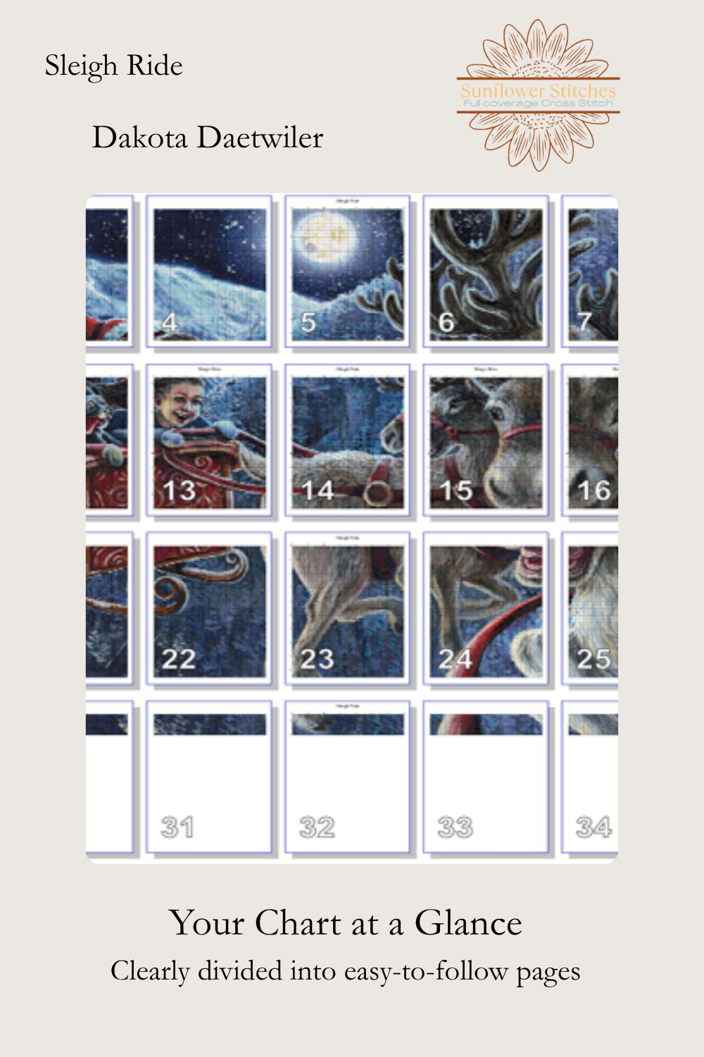 Sleigh Ride cross stitch pattern page map layout showing numbered chart section grid, Sunflower Stitches.